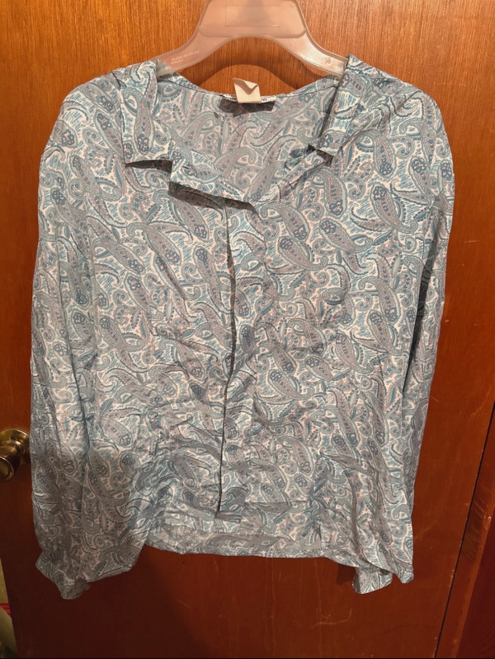 Light Blue Paisley Button-Up Women's Top satin